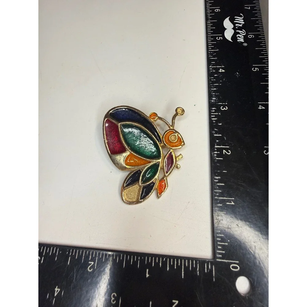 Vintage Multi Color Enamel Butterfly Brooch Gold Tone Stained Glass Style Pin